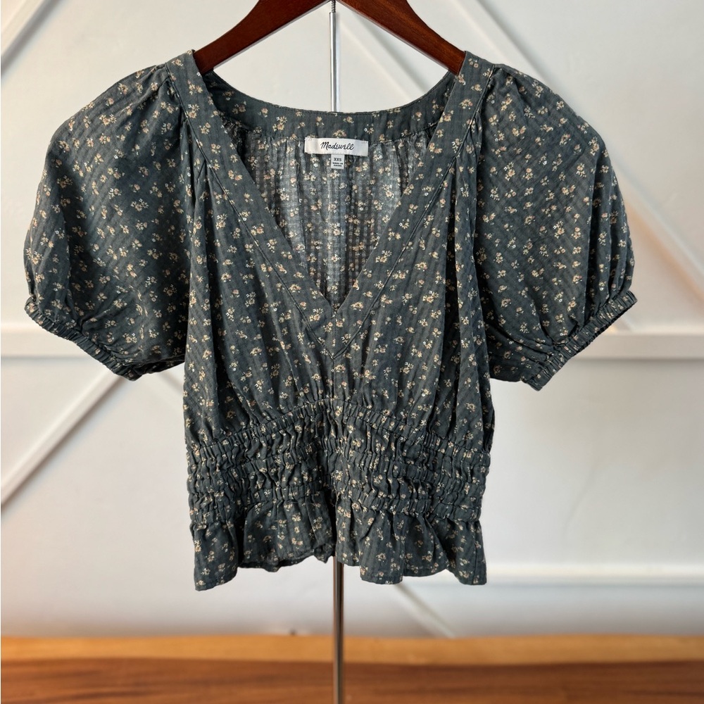 Madewell Floral Puff Sleeve Blouse in Blue Gray